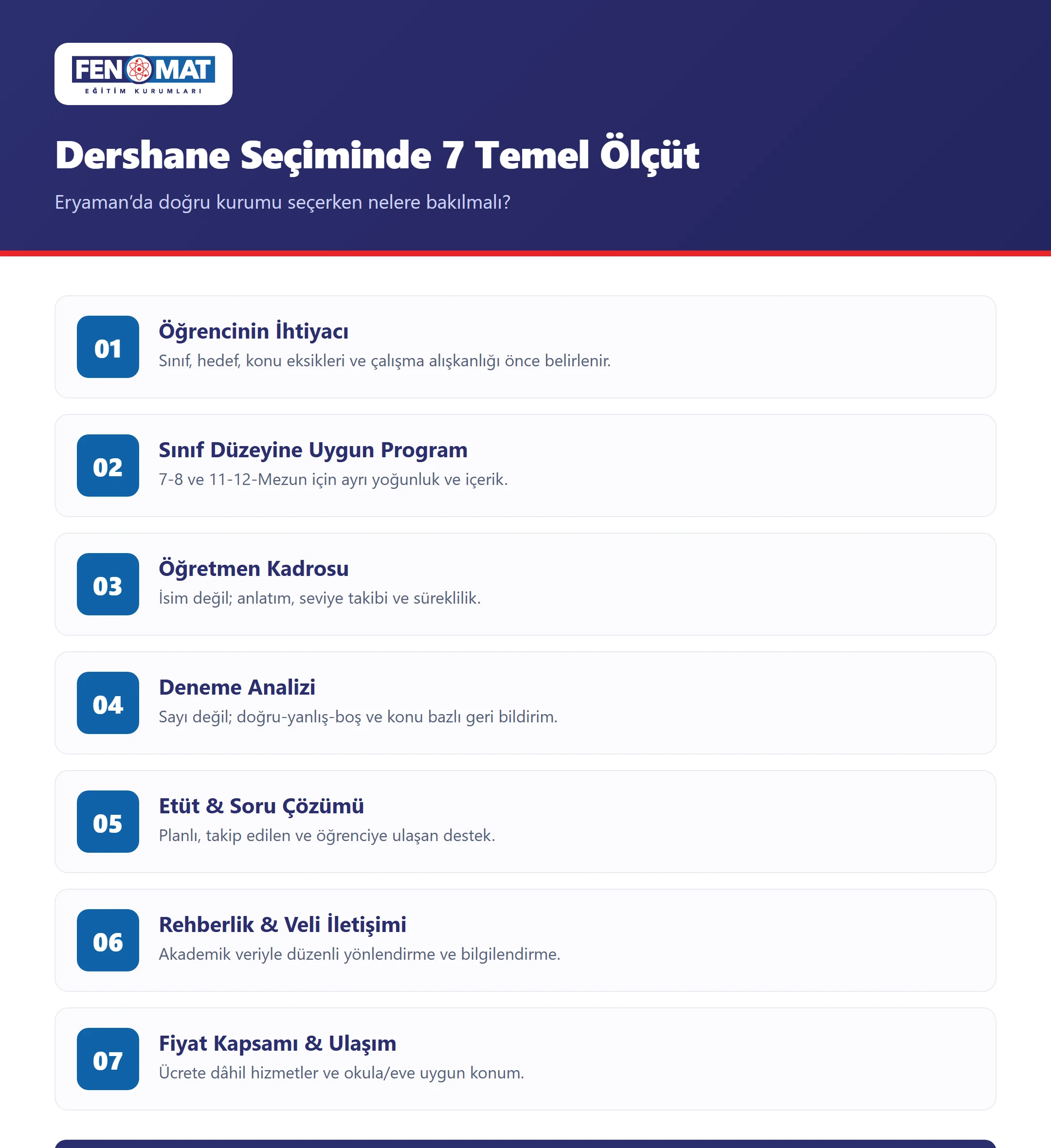 Eryaman’da dershane seçerken dikkat edilmesi gereken 7 kriter infografiği