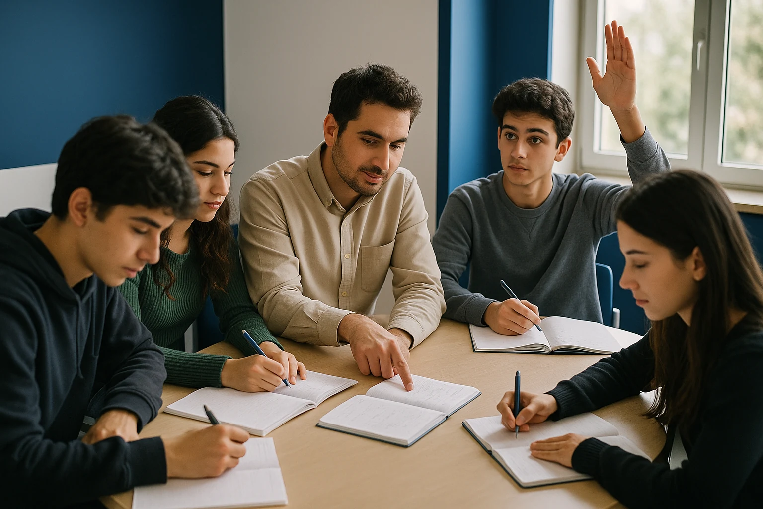 Eryaman dershane ortamında küçük grupla matematik soru çözümü yapan öğretmen ve öğrenciler