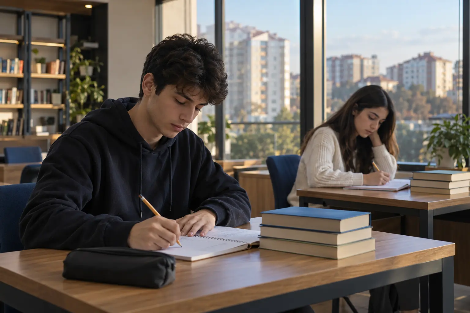 Pencere kenarındaki ayrı masalarda ders çalışan iki lise öğrencisini gösteren temsili çalışma alanı