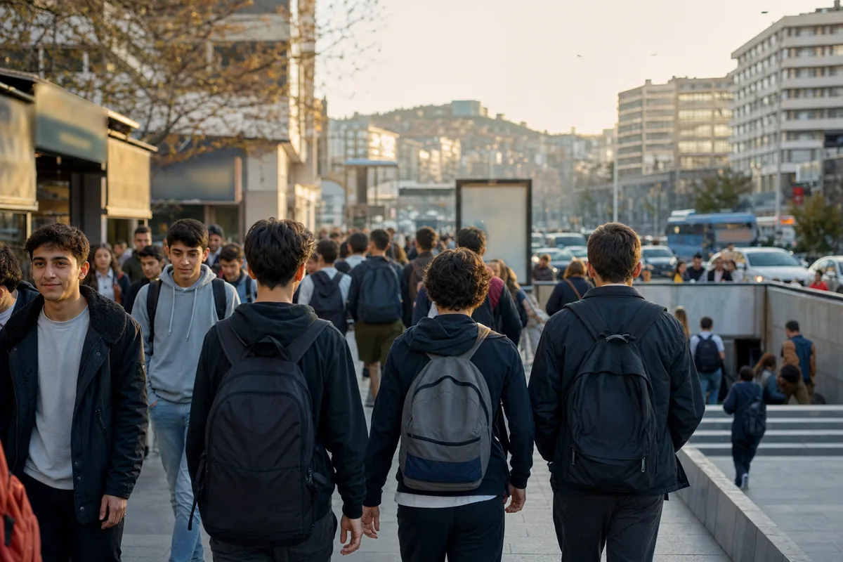 Kalabalık bir şehir merkezi kaldırımında sırt çantalarıyla yürüyen lise öğrencileri
