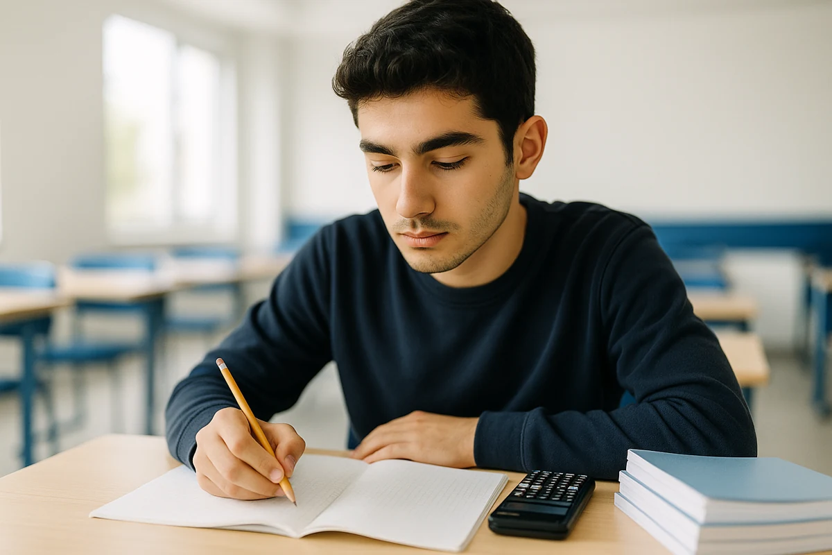 TYT matematik sorusu çözen lise öğrencisinin defter ve hesap makinesiyle çalışması