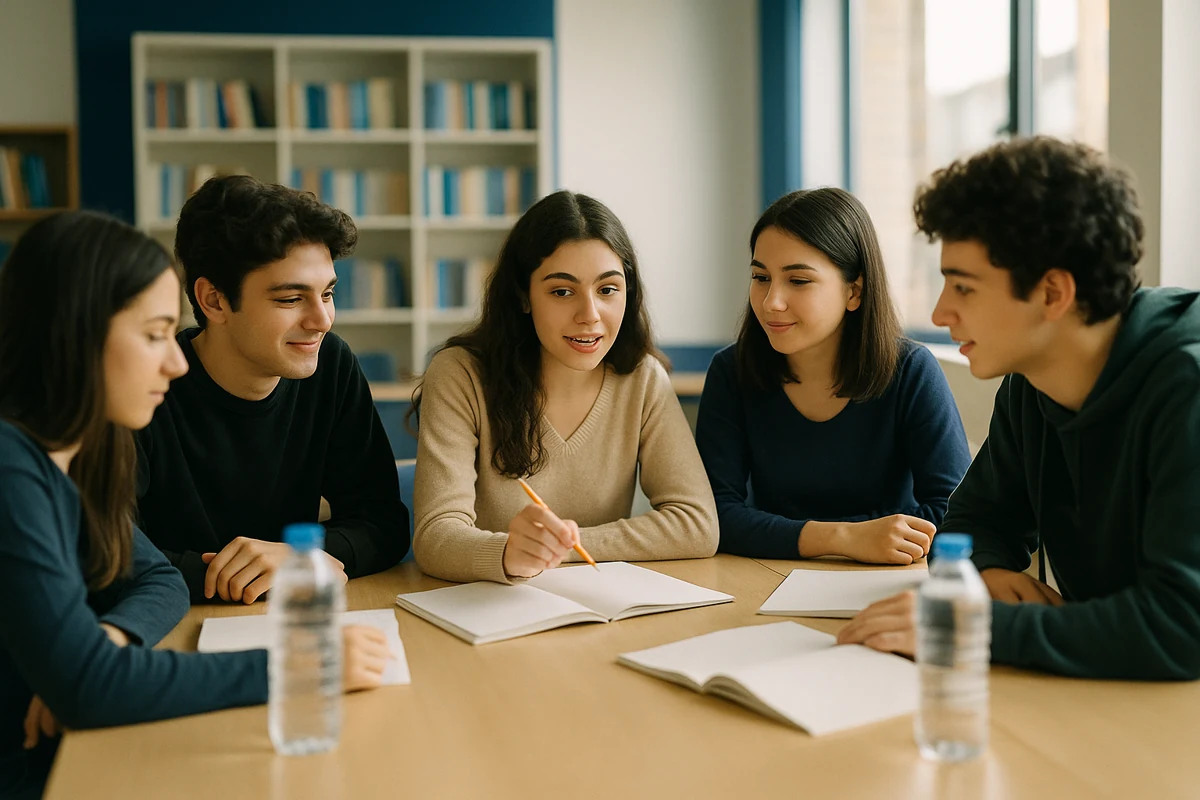 YKS ve LGS hazırlığında grup çalışması yapan öğrencilerin etüt salonundaki soru çözümü